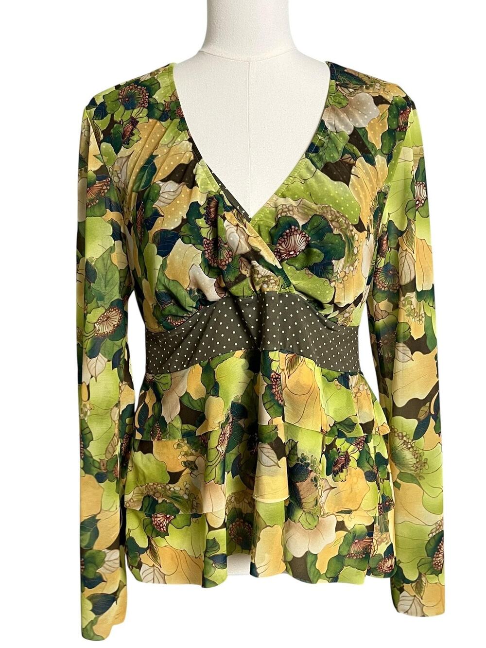 MAJAMAS Nursing Tunic Blouse Womens Large Green Floral V Neck Long Sleeve Shirt